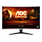 Ein gebogener AOC Gaming Monitor, der mit einem Wikinger-Krieger und Drachen-Grafiken im Hintergrund wirbt. Unten stehen technische Spezifikationen.