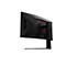 Rückansicht eines schwarzen Gaming-Monitors mit kantigem Design und rotem Ring am Standfuß vor weißem Hintergrund.