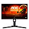 Schwarzer Gaming Monitor mit rotem Akzent. Auf dem Bildschirm: Gamerin mit Waffe, AOC Logo, Textdetails.