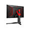 Rückseite eines schwarzen Gaming-Monitors mit roten Zierelementen und Standfuß vor weißem Hintergrund.