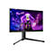 Gaming-Monitor mit schlankem Rahmen auf dreibeinigem Standfuß zeigt eine lila Fantasy-Spielszene.