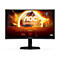 Schwarzer, gebogener AOC Gaming Monitor. Auf dem Display ist ein Spielszenario zu sehen. Darunter technische Spezifikationen und Logos.