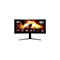 Schwarzer 34-Zoll AOC Gaming-Monitor mit Curved-Display und technischen Highlights vor weißem Hintergrund.