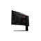 Rückansicht eines schwarzen Gaming-Monitors mit einem kantigen Design und einem roten Kreis-Akzent am Standfuß.