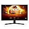 Schwarzer AOC Gaming Monitor mit einem gebogenen Bildschirm, der Werbung für Gaming-Funktionen zeigt, mit Text und einem Gaming-Hintergrund.