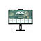 Ein schwarzer AOC Professional Monitor mit Webcam, Frau auf dem Bildschirm, Angaben zu Größe, Auflösung und Anschlüssen.