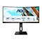 AOC Curved Monitor mit 34 Zoll, schwarz. Eigenschaften: VA Panel, 3-seitig rahmenlos, Low Blue Mode, höhenverstellbar. Logo und Produkt-Details.