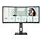 AOC Home Office Monitor. 34-Zoll Bildschirm, Frau mit Brille, Texte: WQHD, VA Panel, 3-seitig rahmenlos, höhenverstellbar und Curved Monitor.