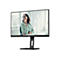 Ein schwarzer AOC-Monitor zeigt eine lächelnde Frau in einem hellen Büro. Der Monitor steht auf einem Standfuß.