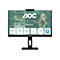 AOC Home Office Monitor. 27 Zoll Bildschirm mit Webcam, darunter die Logos für Quad HD, IPS Wide View, Adjustable Stand, USB-C und Windows Hello. Im Hintergrund eine Frau.