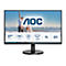 Ein schwarzer AOC-Monitor mit einem Strandfoto. Auf dem Bildschirm sind Informationen zu sehen: 27", VA-Panel, QHD, 3-seitig rahmenlos, 75 Hz und Adaptive Sync.