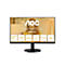 Ein schwarzer Monitor, auf dem AOC Home Office Monitor steht, mit Spezifikationen wie 27 Zoll, UHD, HDR10, verstellbarer Ständer, und Lautsprecher. Im Hintergrund ist eine Frau zu sehen.