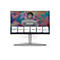 Ein AOC Graphic Pro Monitor mit großem Bildschirm, schwarzem Rahmen und silberfarbenem Standfuß. Im Hintergrund befindet sich eine Graffiti-Wand mit farbenfrohen Mustern und einem lächelnden Model. Auf dem Bildschirm stehen die Größenangaben, sowie ver...