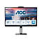 Schwarzer AOC-Monitor mit Landschaftshintergrund, Webcam und Infotafeln. Text: 24", FHD, IPS Wide View, USB C, 3 Sided Frameless, Windows Hello.