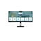 AOC Home Office Monitor. Schwarzer, gebogener Monitor mit eingebauter Webcam. Beschriftungen: 34 Zoll, WQHD, 100 Hz, verstellbarer Standfuß, USB-C, 3-seitig rahmenlos.