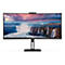 Schwarzer, breiter Curved-Monitor von AOC mit Wasserfall-Hintergrundbild und integrierter Webcam auf weißem Grund.