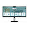 Schwarzer, gebogener 34-Zoll AOC-Monitor mit Infografiken zu technischen Spezifikationen auf dem Display.
