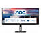 AOC-Monitor mit 34 Zoll Display, dunklem Rahmen und Standfuß. Auf dem Bildschirm sind Logos und Spezifikationen abgebildet. Im Hintergrund eine Landschaft mit Wasserfällen.
