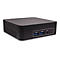 Schwarzer Mini-PC. Zwei USB-Anschlüsse, Kopfhöreranschluss und Power-Knopf.