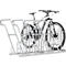 Portabicicletas metálico con una bicicleta de montaña. Ambos son plateados. El portabicicletas es adecuado para varias bicicletas.