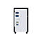 Vue arrière d'un appareil noir. Des connecteurs et des étiquettes sont visibles sur une surface gris clair, notamment "VDC Input", "VDC Output" et "Battery Breaker".