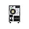 Vue arrière d'un onduleur noir avec ports, ventilateur et diverses étiquettes. Il y a des ports pour USB, RS232 et un ventilateur en haut.