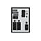 Rückansicht eines USV-Geräts (Unterbrechungsfreie Stromversorgung). Auf der Rückseite sind Anschlüsse und Anzeigen angeordnet: Batterieanschluss, Output Breaker, AC Output, Interface, USB, RS232, Dry Contact, Input Fuse und AC Input.