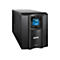 Ein schwarzes APC Smart-UPS C1000 Gerät vor weißem Hintergrund. Es hat ein blaues Display, das Werte anzeigt.