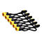 Mehrere schwarze Kabel mit gelben Steckern auf weißem Hintergrund.