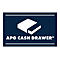 Logo von APG Cash Drawer: Weißes stilisiertes Schubladen-Symbol auf blauem Hintergrund. Text: APG CASH DRAWER®.