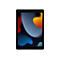 Schwarzes iPad, Bildschirm zeigt abstraktes Design mit Farben blau, gelb und rot. Home-Button unten.