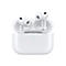 AirPods blancs dans leur étui de chargement, avec un point vert pour l'état de charge. Un 'R' est visible à droite.