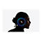 Silhouettenportrait einer Frau mit Kopfhörer im Ohr. Blaue Lichteffekte umgeben das Ohr.