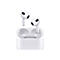 Weiße Apple AirPods und das geöffnete Ladecase vor weißem Hintergrund.
