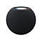 Kugelförmiger, schwarzer HomePod mini Lautsprecher mit leuchtender Touch-Oberfläche auf weißem Hintergrund.