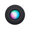 Draufsicht auf einen schwarzen Apple HomePod Mini mit einem Farbdisplay in der Mitte. Auf dem Display sind Plus- und Minuszeichen zu sehen.