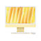 Gelber iMac mit Tastatur und Maus, vor weißem Hintergrund. Auf dem Bildschirm abstrakte gelb-orangefarbene Formen.