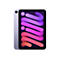 Ein lila iPad Mini mit farbenfrohem Bildschirm, der auf weißem Hintergrund steht. Kamera und Logo sind zu sehen.
