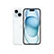 Ein weißes iPhone, Rückseite und Displayansicht, vor weißem Hintergrund. Das Display zeigt blau-transparente Formen.