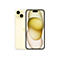 Hellgelbes iPhone mit dualer Kamera, daneben das Display mit abstrakter Grafik.