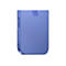 Nahaufnahme der Seite eines blauen Smartphones mit Seitentaste und Apple-Logo auf weißem Hintergrund.