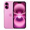 Ein rosa iPhone mit zwei Kameras, liegt neben einer Ansicht der Vorderseite mit einem rosafarbenen Bildschirm.
