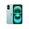 Hellblaues Smartphone von hinten und vorne. Rückseite mit Kameras, Apple-Logo. Vorderseite mit grüner Animation. 