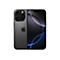 Dunkelgraues Smartphone mit drei Linsen und Apple Logo, Bildschirm schwarz mit blau-weißen Lichtlinien, isoliert auf weiß.
