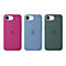 Drei iPhone-Silikonhüllen in Pink, Blau und Dunkelgrün nebeneinander vor weißem Hintergrund.