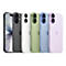 Sechs iPhones in verschiedenen Farben in einer Reihe vor weißem Hintergrund.