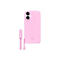 Coque de téléphone Beats rose clair et câble de chargement assorti. Sur fond blanc.