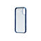 Une coque de téléphone en plastique bleu sur fond blanc. La coque est transparente, avec des découpes pour l'appareil photo et les boutons.