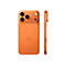 Orangefarbenes Smartphone, Ansicht von Vorder- und Seite. Rückseite mit Apple-Logo, drei Kameras.