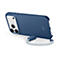 Coque de téléphone bleue avec cordon. L'étui entoure le téléphone, montrant trois objectifs et des boutons. Le cordon est gris clair.